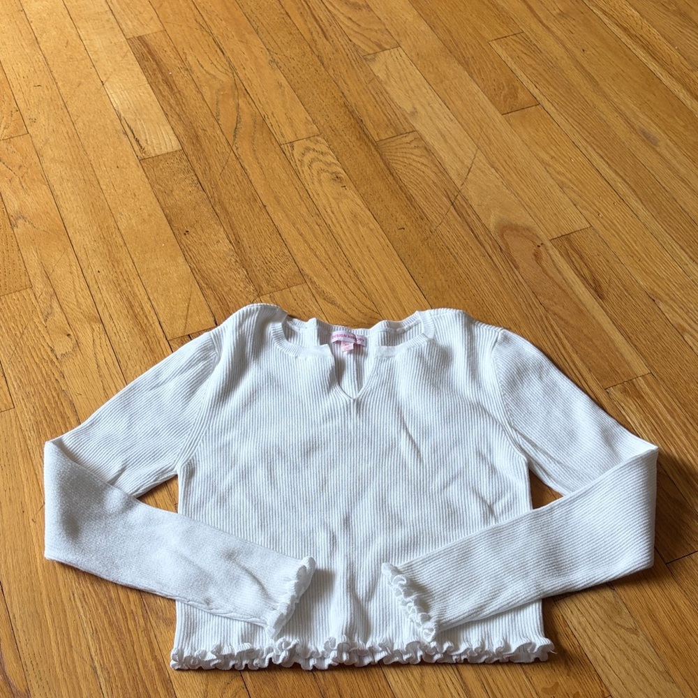 Design History White Ribbed Lettuce-Edge Scoop Long Sleeve Size XL